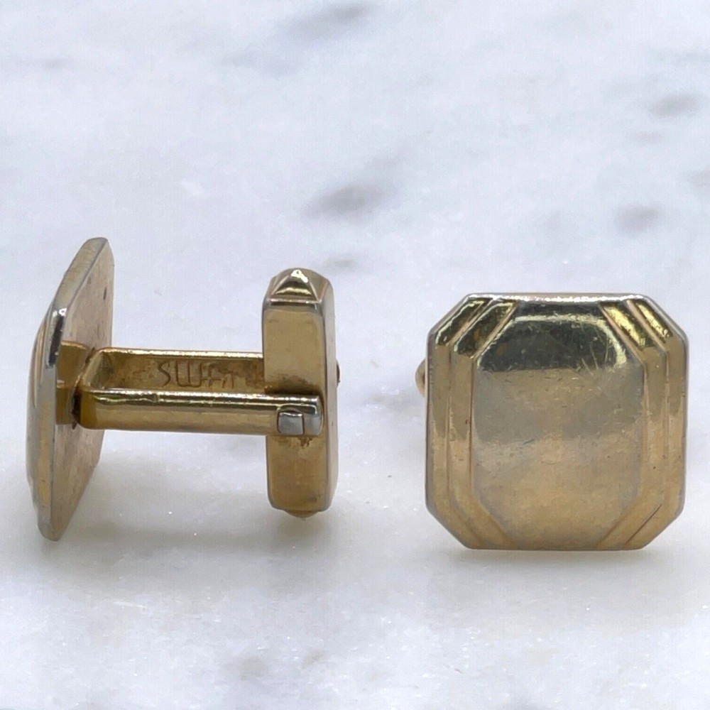 Vintage Mens Swank Gold Tone Square Geometric Bullet Back Small Cufflinks - Picture 3 of 4